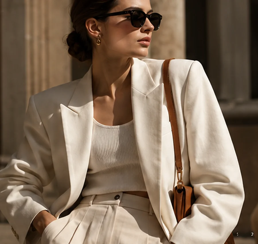 Woman in tailored ivory suit