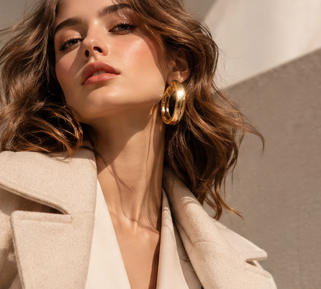 Editorial fashion portrait in a warm neutral coat